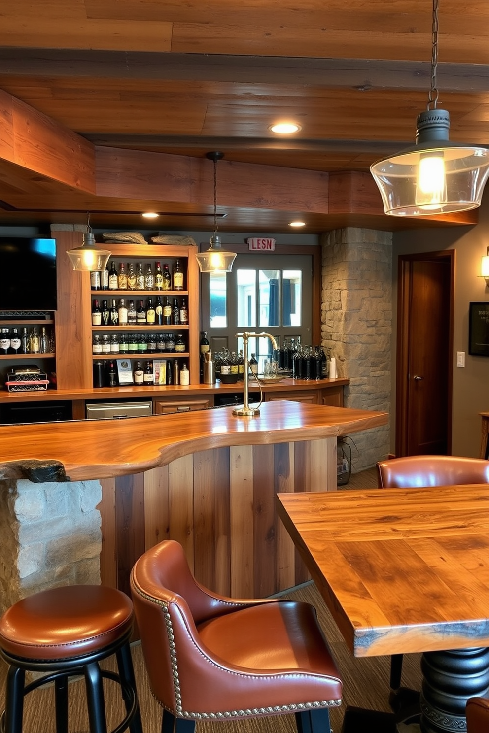 A cozy basement bar featuring rustic wood finishes and stone accents. The bar is crafted from reclaimed wood with a live edge countertop, complemented by stone pillars that create a warm and inviting atmosphere. Behind the bar, open shelving displays an assortment of spirits and glassware, while pendant lights hang above for soft illumination. A comfortable seating area with leather stools and a reclaimed wood table invites guests to relax and enjoy their drinks.