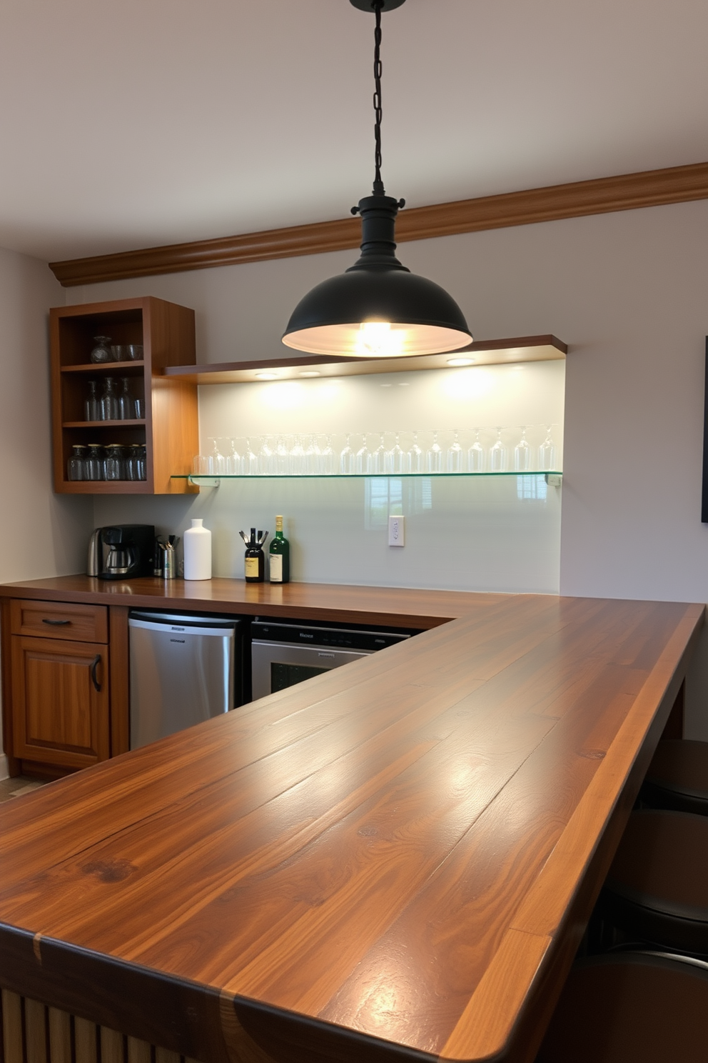 Artisan crafted bar top with unique finish. The bar features custom shelving for glassware and a stylish pendant light overhead.