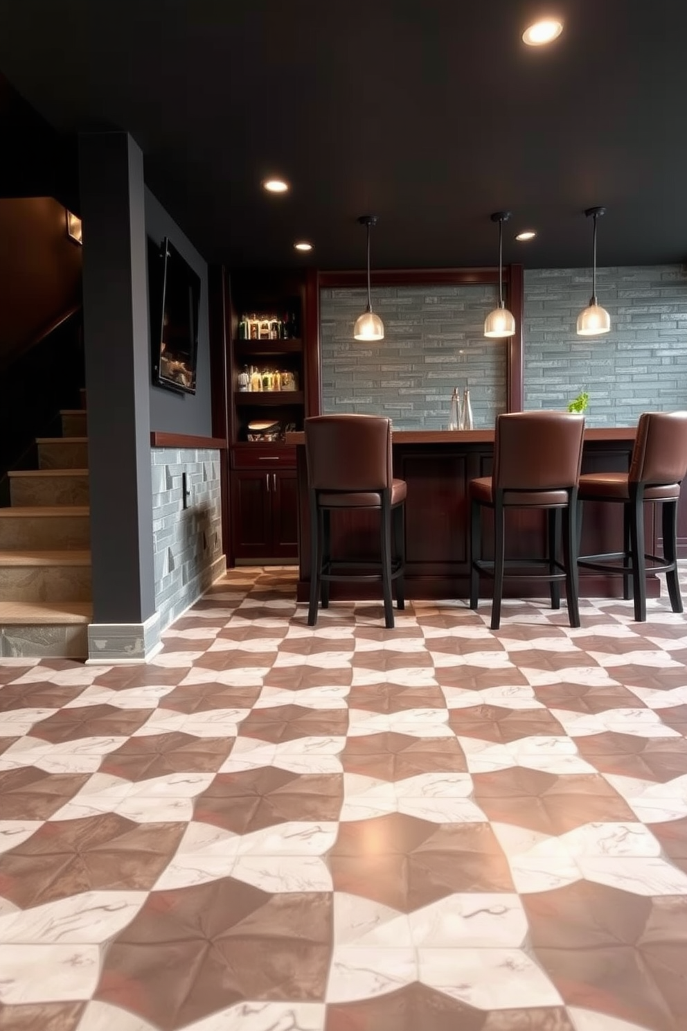 A stylish basement bar featuring durable tiles that combine functionality with aesthetic appeal. The flooring showcases a modern geometric pattern, creating an inviting atmosphere for entertaining guests. The bar area includes a sleek countertop made of dark wood, complemented by high-backed stools in rich leather. Ambient lighting fixtures hang above, casting a warm glow over the space, enhancing the overall sophistication.