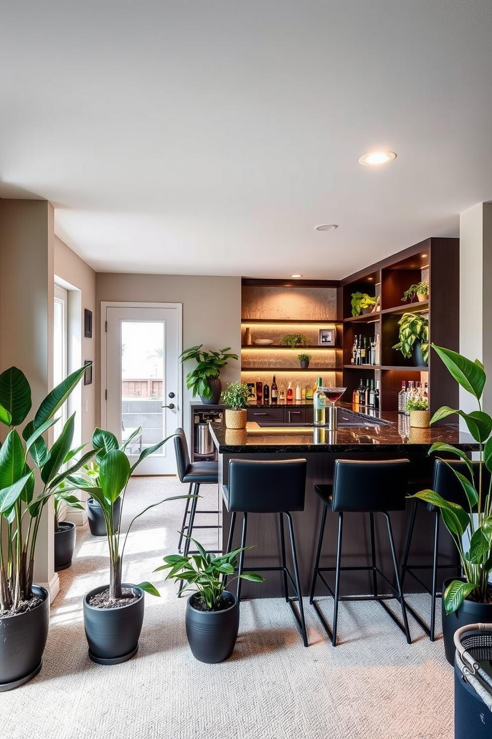 A modern basement bar features sleek floating shelves made of dark wood that elegantly display an array of premium spirits and glassware. The bar area is illuminated by soft, ambient lighting that highlights the rich textures of the walls and the polished countertop.