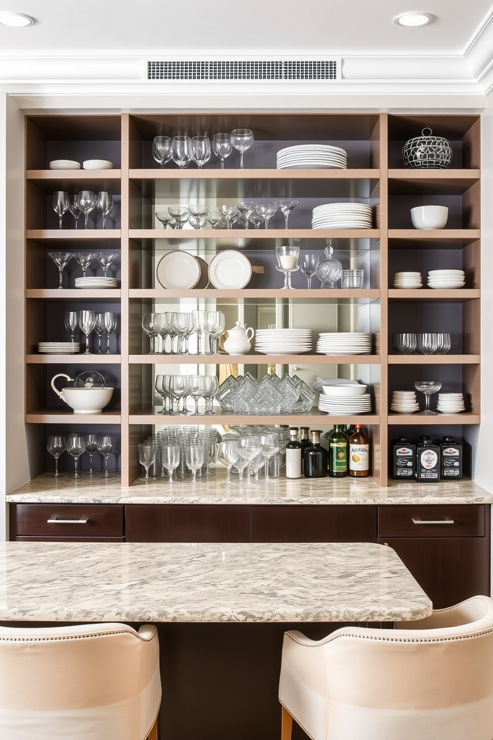 A stylish basement bar featuring coordinated glassware and dishware displayed on sleek open shelving. The bar counter is made of polished granite with elegant bar stools that complement the overall aesthetic.