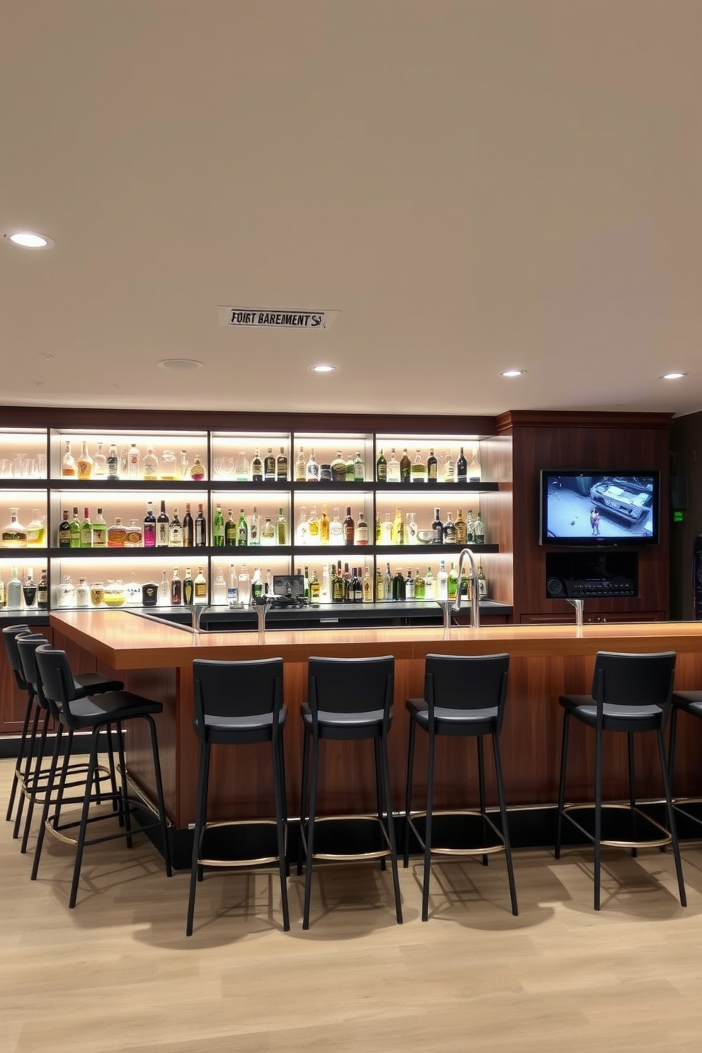 A stylish basement bar featuring a sleek wooden bar counter with high stools arranged neatly around it. Behind the bar, a wall of illuminated shelves showcases an extensive collection of spirits and glassware, complemented by a modern sound system for an immersive entertainment ambiance.