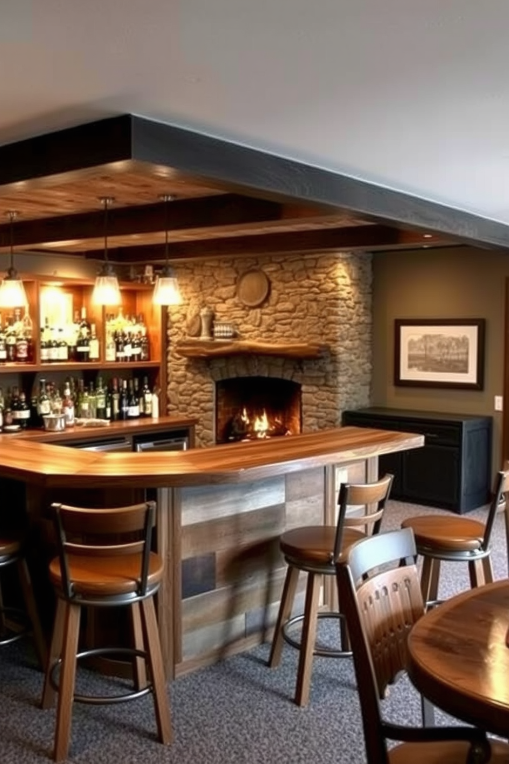 A welcoming basement bar with a rustic fireplace as the focal point. The bar is crafted from reclaimed wood with high stools and shelves filled with an array of spirits. The fireplace is built with stone and features a warm glow, creating an inviting atmosphere. Soft lighting hangs above the bar area, enhancing the cozy ambiance for gatherings.