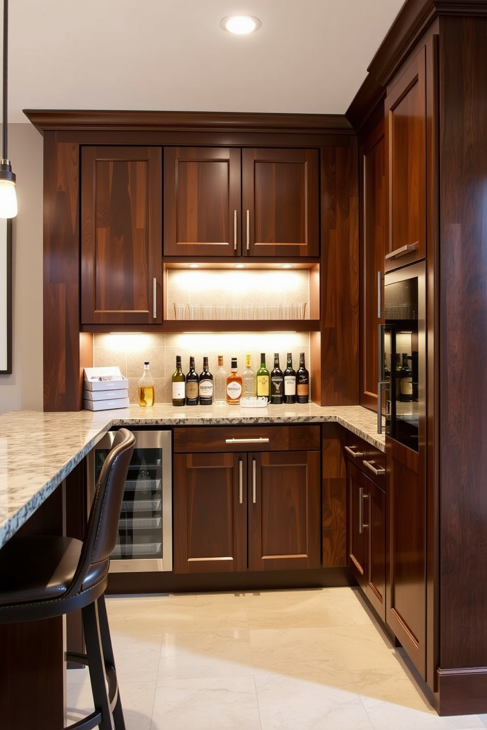 Custom cabinetry with hidden storage creates a sleek and organized basement bar. The design features rich wood finishes and integrated lighting that highlights the bar's elegant details.