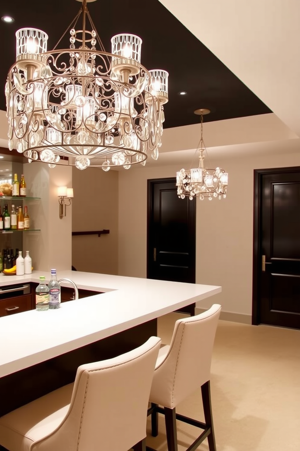 A stylish basement bar features elegant decorative lighting fixtures that serve as stunning focal points. The bar is adorned with a sleek countertop, complemented by high-backed stools, creating an inviting atmosphere for entertaining guests.