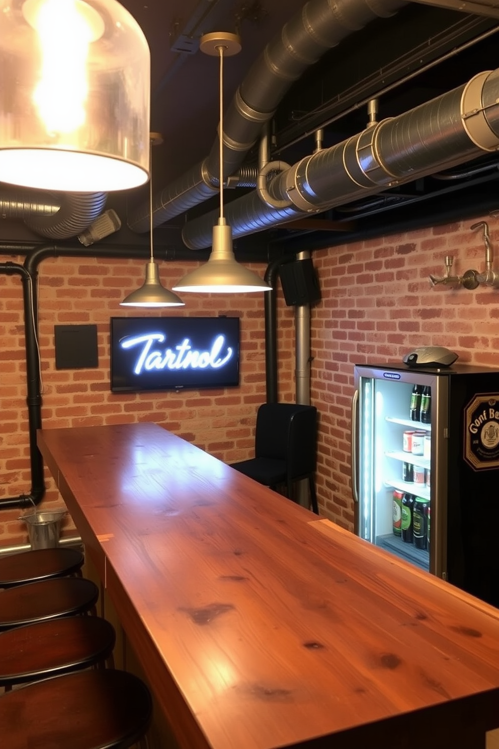 A stylish basement bar featuring industrial pipes and exposed brick walls creates a unique atmosphere. The bar itself is made of reclaimed wood with high stools that complement the rustic vibe. Soft pendant lights hang from the ceiling, illuminating the space while casting a warm glow. A vintage beer fridge is positioned against the wall, adding character and functionality to the design.