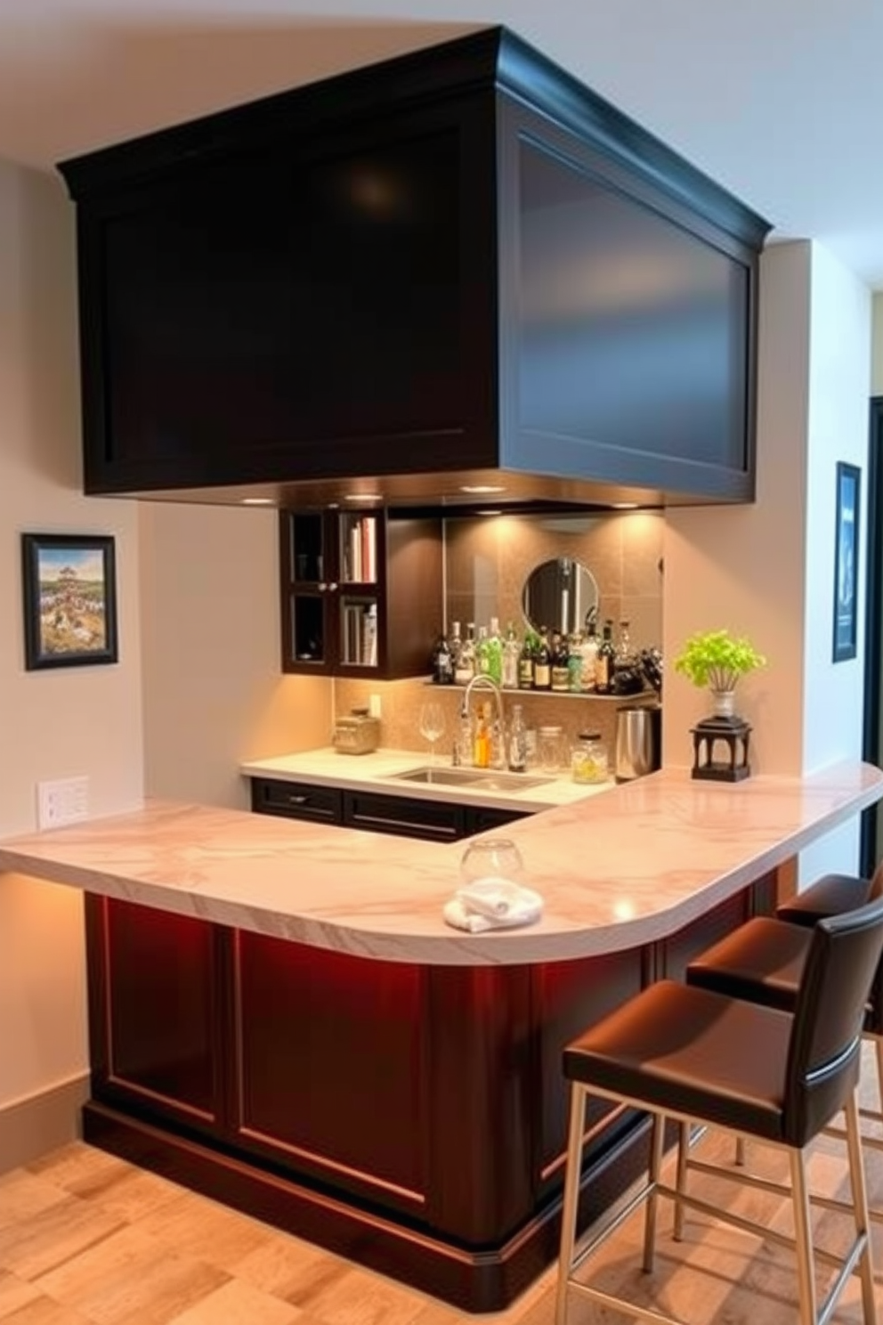 An elegant basement bar features a stunning countertop with contrasting colors that create a striking visual appeal. The bar area is complemented by stylish bar stools and ambient lighting that enhances the overall atmosphere.