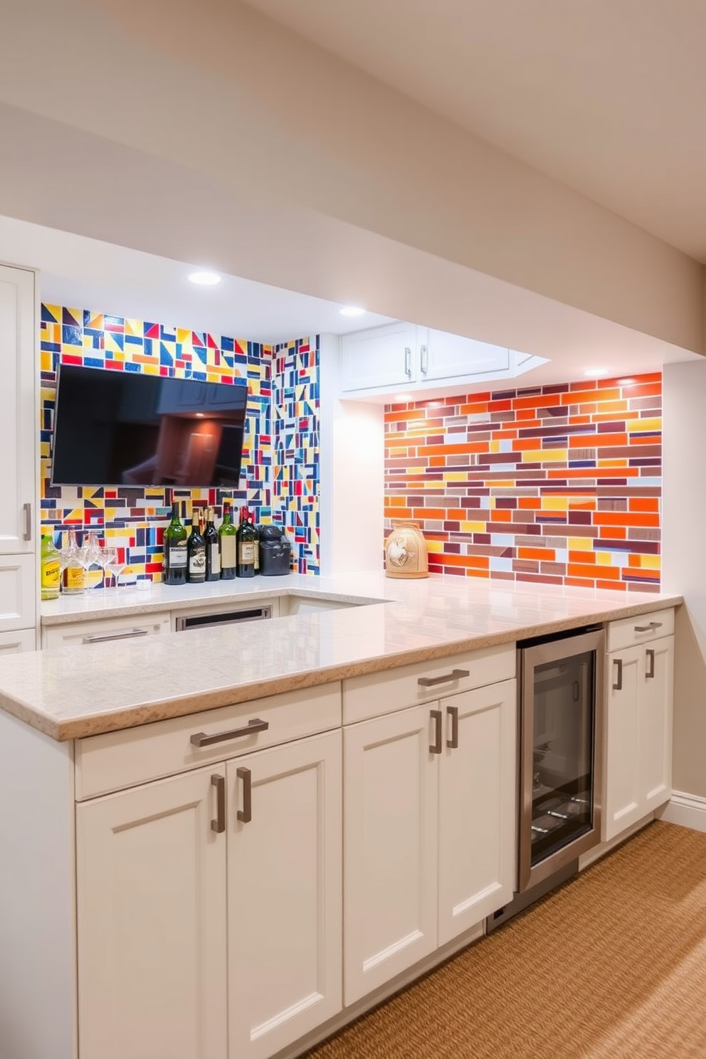 A stylish basement bar featuring a bold colorful backsplash that adds vibrancy to the space. The bar area is complemented by sleek white cabinetry that provides ample storage and a clean aesthetic.