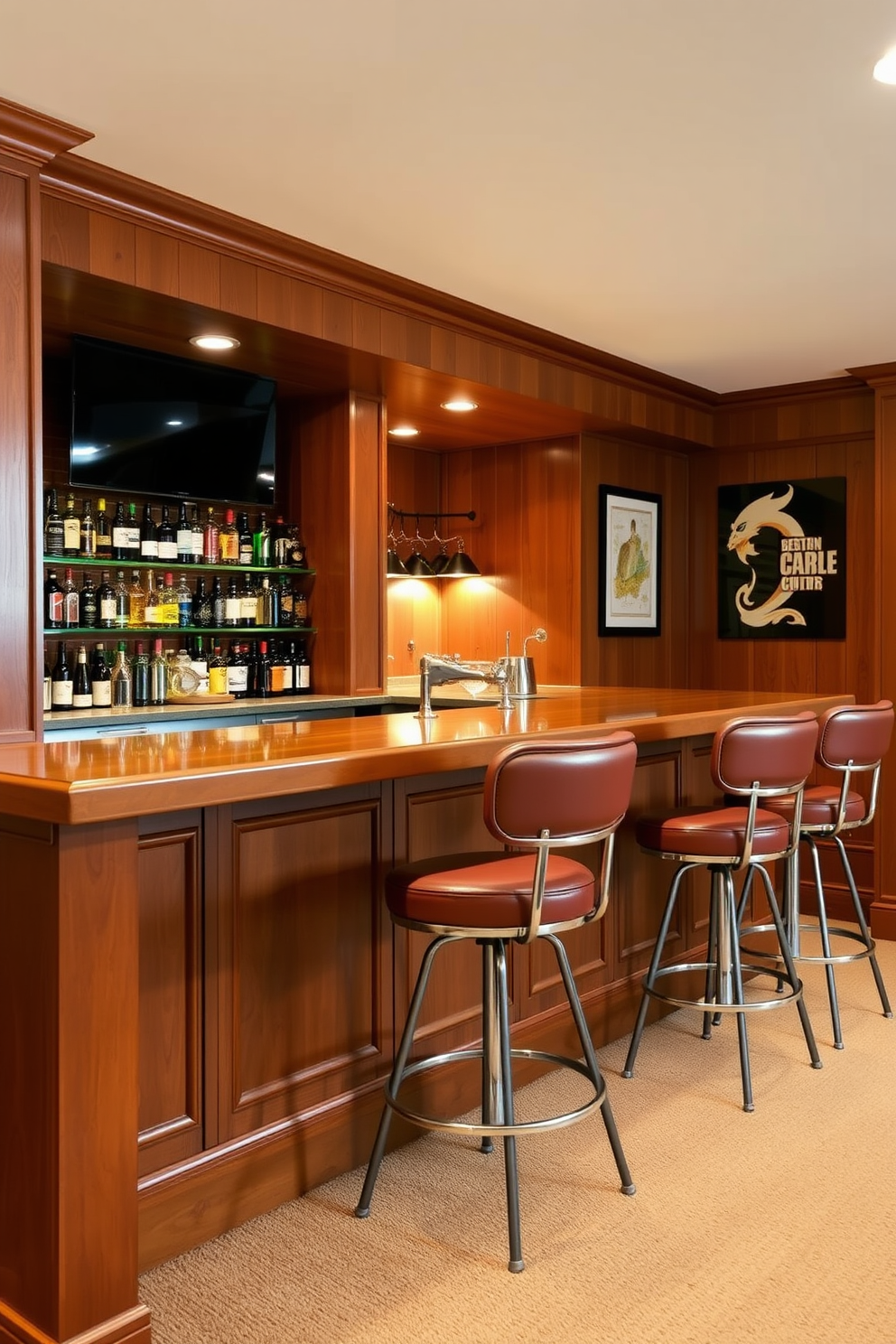 Create a cozy basement bar that features vintage bar stools with a retro vibe. The bar area is adorned with warm wood paneling, complemented by soft ambient lighting that creates an inviting atmosphere.