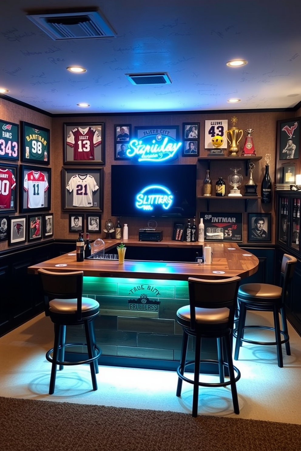 A contemporary bar featuring bold color pops that energize the space. The bar counter is made of sleek black granite with vibrant red bar stools lining the edge. Behind the bar, shelves are stocked with an array of colorful bottles illuminated by dynamic LED lighting. The walls are painted in a deep navy blue, creating a striking contrast with the bright accents throughout the room.