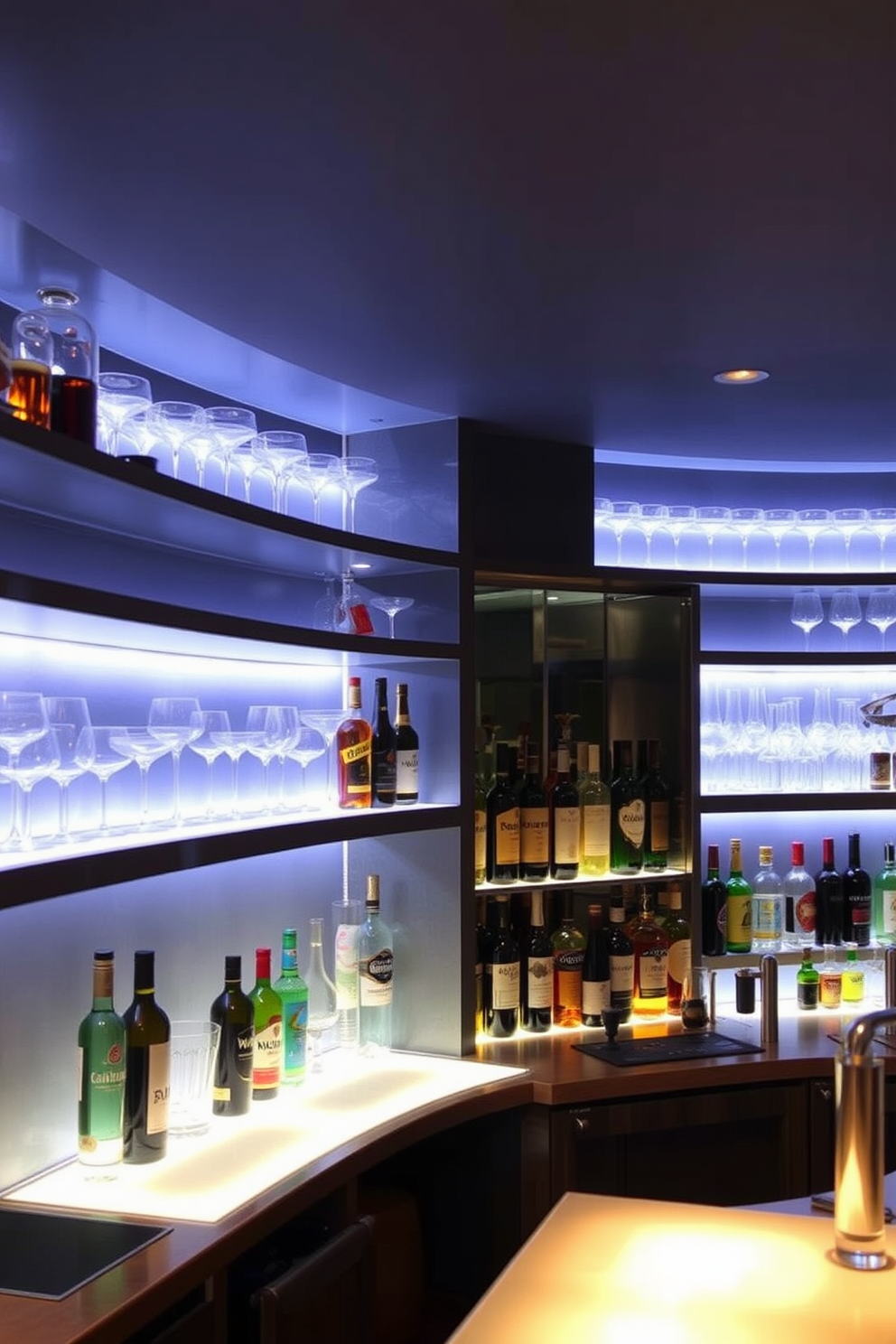 A stylish basement bar featuring under-lit shelves that create a dramatic ambiance. The shelves are stocked with an array of premium spirits and glassware, illuminated by soft LED lighting.