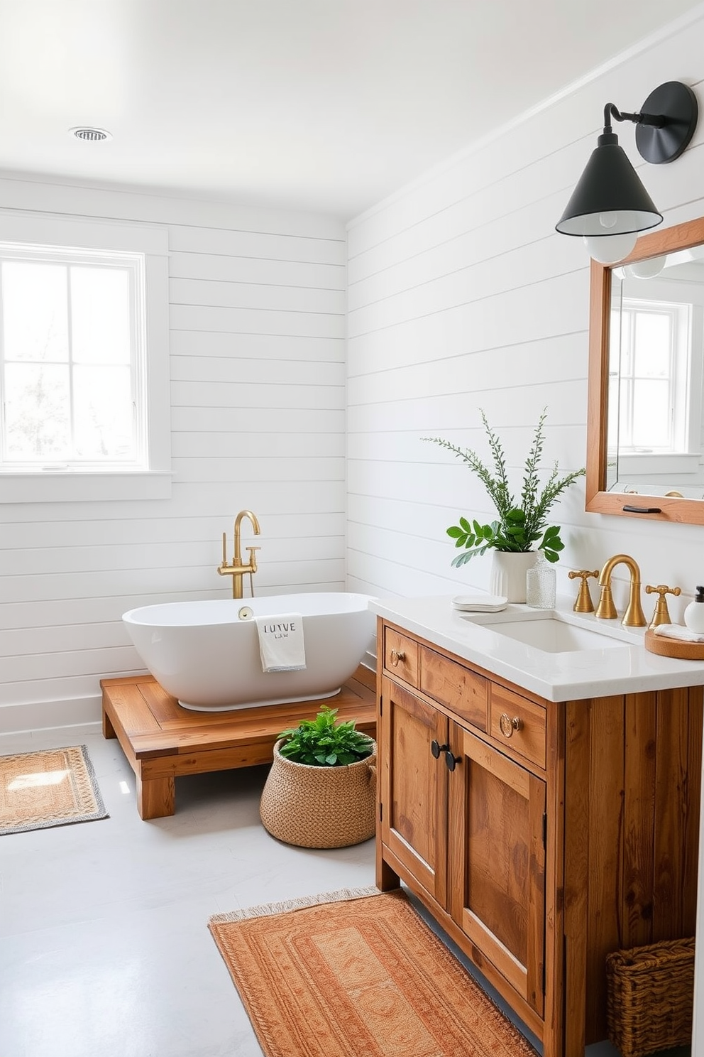 A modern farmhouse basement bathroom features shiplap walls painted in a crisp white hue. The space includes a freestanding soaking tub with a vintage-style faucet and a rustic wooden ladder for towels. A large window allows natural light to flood the room, enhancing the warm tones of the wooden accents. The floor is adorned with hexagonal tiles in a soft gray, complemented by a distressed wood vanity with a farmhouse sink.