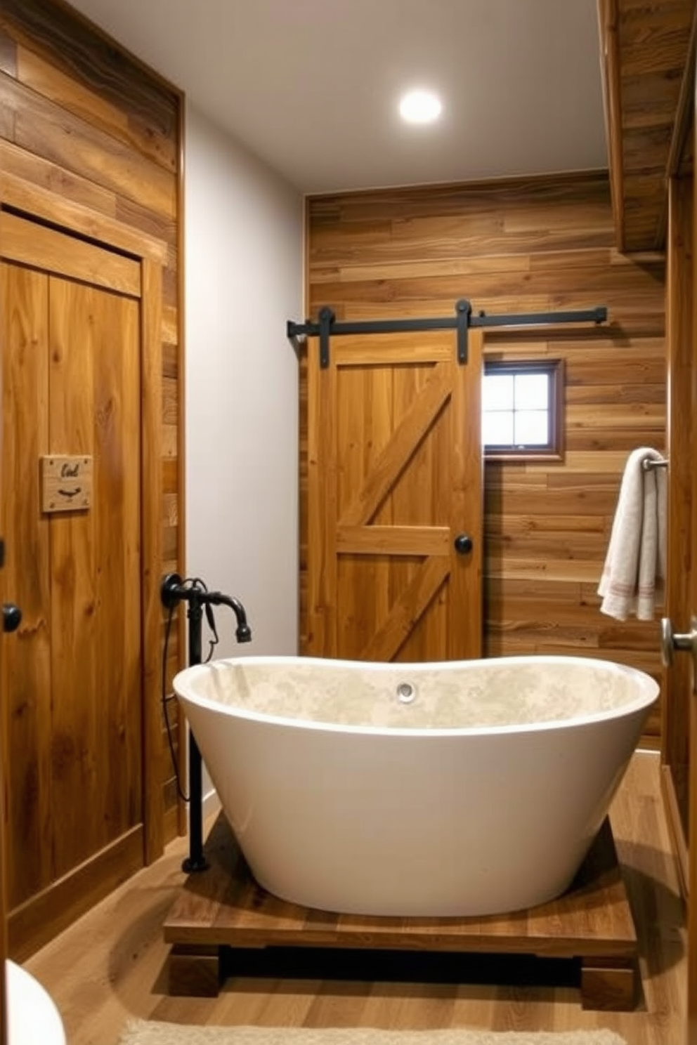 A stylish basement bathroom featuring industrial elements with exposed pipes. The walls are painted in a deep charcoal gray, and the floor is covered with large concrete tiles. A sleek black freestanding tub is positioned in the center, surrounded by minimalist decor. A large round mirror with a black metal frame hangs above a rustic wooden vanity with a concrete sink.