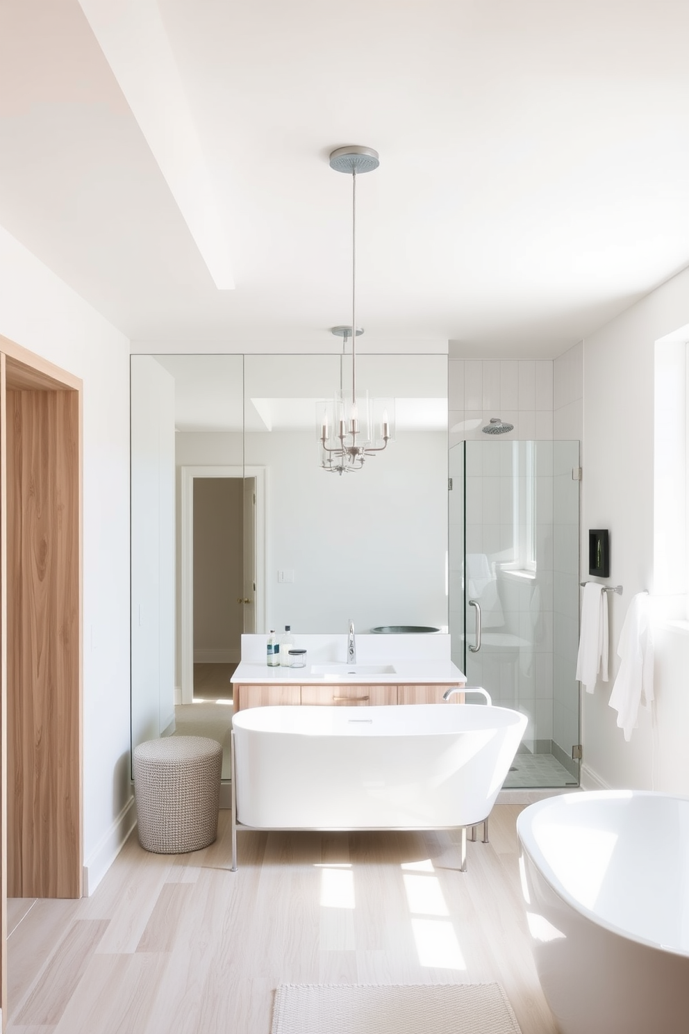 A cozy basement bathroom featuring a heated floor for ultimate comfort. The space includes a sleek freestanding tub and a modern shower with glass doors, accented by soft ambient lighting. The walls are adorned with elegant tile, creating a warm and inviting atmosphere. A stylish vanity with a large mirror complements the overall design, while plush towels are neatly arranged for convenience.