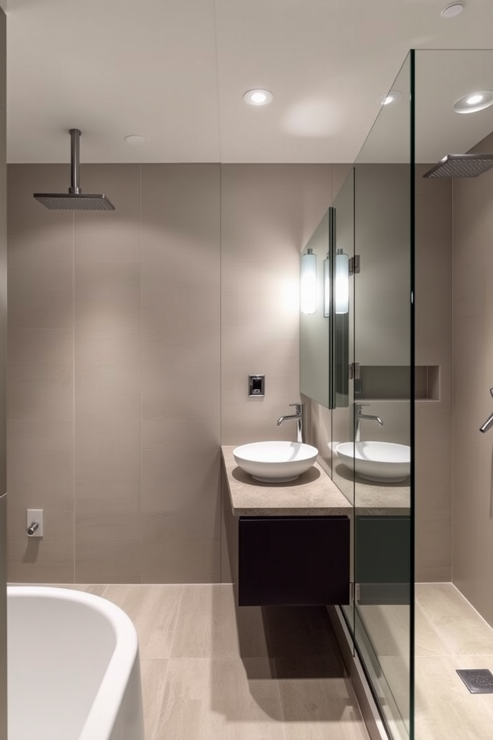 A cozy basement bathroom featuring natural wood accents throughout the space. The walls are adorned with reclaimed wood paneling, and a wooden vanity with a vessel sink adds a touch of elegance. Soft ambient lighting highlights the warm tones of the wood, creating a welcoming atmosphere. A large mirror with a wooden frame complements the rustic design, while a plush area rug adds comfort underfoot.