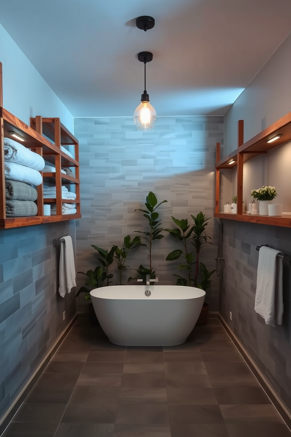 A stylish basement bathroom featuring tile wainscoting that adds texture and depth to the space. The walls are adorned with a combination of light gray tiles and a darker accent tile, creating a modern yet inviting atmosphere. The flooring consists of large, matte porcelain tiles that complement the wainscoting. A sleek, floating vanity with a quartz countertop sits beneath a framed mirror, enhancing the contemporary design.