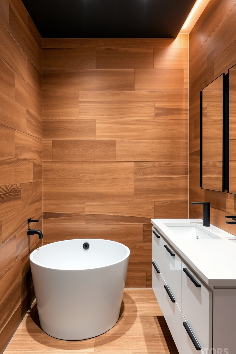 A stylish basement bathroom featuring a freestanding tub as the centerpiece. The walls are adorned with soft gray tiles, and warm lighting creates an inviting atmosphere. Adjacent to the tub, a sleek wooden vanity with a white countertop offers ample storage. A large window allows natural light to fill the space, enhancing the overall elegance of the design.