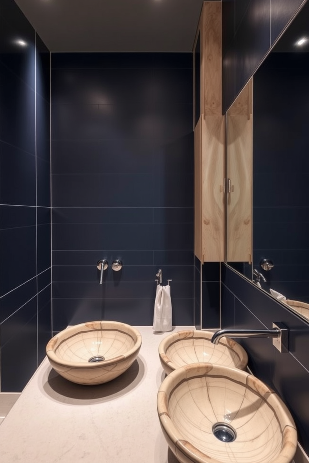 A modern basement bathroom featuring a spacious glass shower enclosure that enhances the open feel of the space. The walls are adorned with sleek gray tiles, and the floor is finished with warm wood accents for a cozy ambiance.