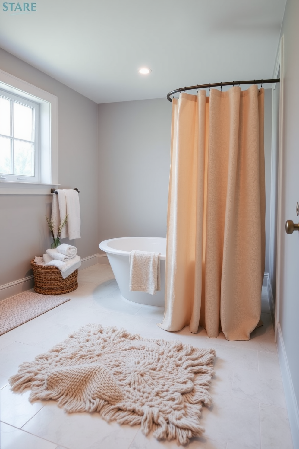 A compact soaking tub is elegantly positioned in the corner of the basement bathroom, surrounded by soft ambient lighting that creates a serene atmosphere. The walls are adorned with textured tiles in calming shades of blue, and a small wooden shelf holds neatly rolled towels and decorative candles. A sleek glass shower enclosure complements the soaking tub, featuring modern fixtures and a rainfall showerhead. The flooring is finished with dark wood planks, adding warmth to the space while a stylish rug lies beneath the tub for added comfort.