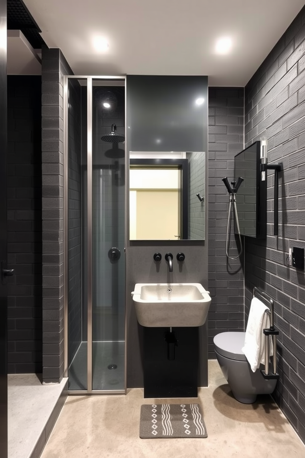 A stylish basement bathroom featuring unique sink designs that add character and charm. The sinks are crafted from reclaimed wood and shaped in organic forms, surrounded by rustic decor elements that enhance the cozy atmosphere. The walls are painted in a soft gray tone, complemented by vintage light fixtures that provide warm illumination. A large mirror with an antique finish hangs above the sinks, reflecting the inviting ambiance of the space.