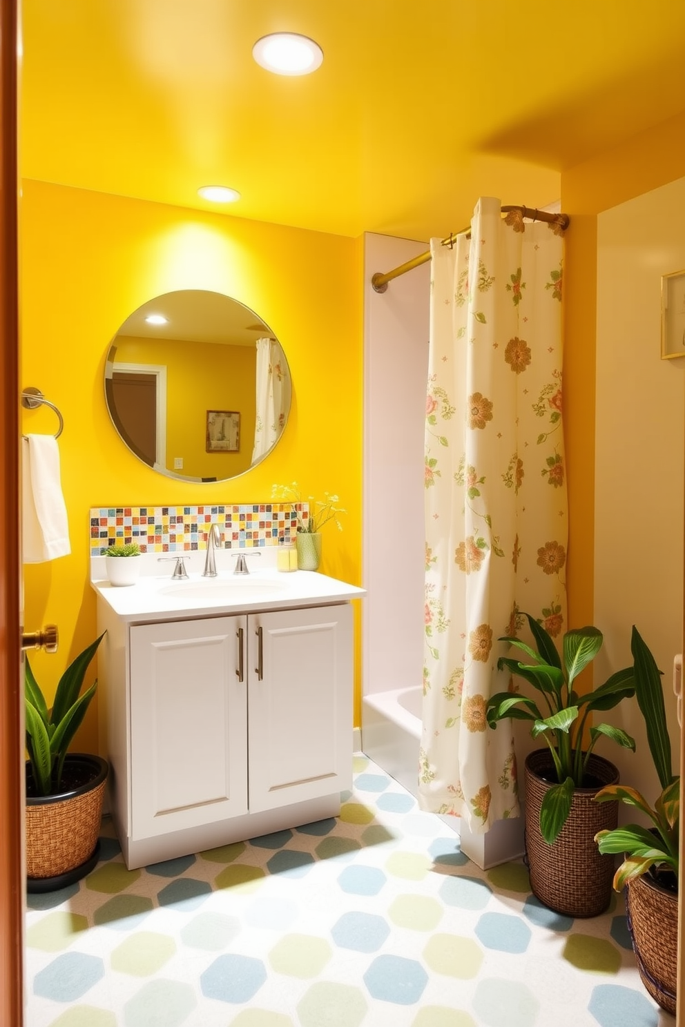 A stylish basement bathroom featuring a sleek freestanding bathtub with a modern faucet. The walls are painted in a soft gray tone, and a large window allows natural light to illuminate the space. A wooden vanity with a polished granite countertop holds a single sink, complemented by a rectangular mirror above. A plush area rug in warm tones adds comfort underfoot, while decorative plants bring life to the room.