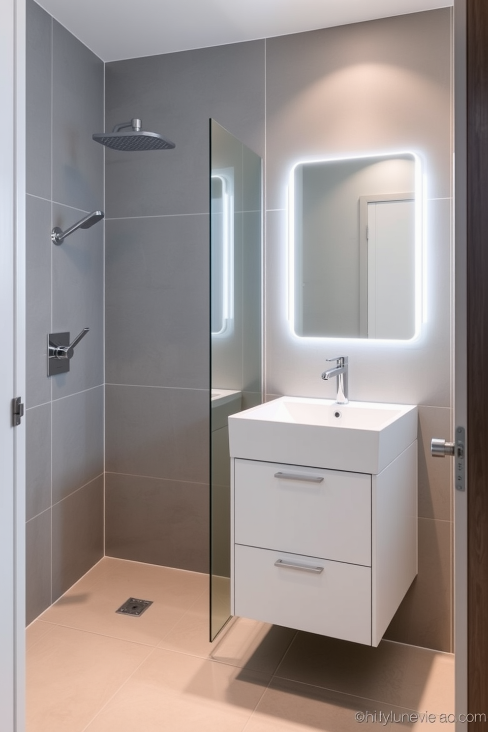 A stylish basement bathroom featuring eco-friendly materials that promote sustainability. The walls are adorned with reclaimed wood paneling and the flooring is made of bamboo, creating a warm and inviting atmosphere. The vanity is crafted from recycled materials, showcasing a sleek design with a vessel sink made of natural stone. Energy-efficient lighting illuminates the space, highlighting the greenery of potted plants placed strategically around the room.