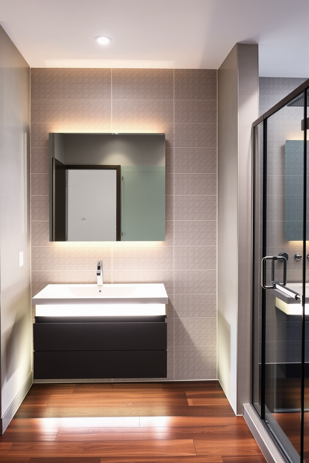 Bright and airy basement bathroom with large windows allowing natural light to flood the space. The design features a freestanding soaking tub positioned beneath the windows, complemented by a sleek glass shower enclosure. The walls are painted in a soft white hue, creating an open and inviting atmosphere. Elegant fixtures in polished chrome add a touch of sophistication, while a floating vanity with a quartz countertop provides both functionality and style.