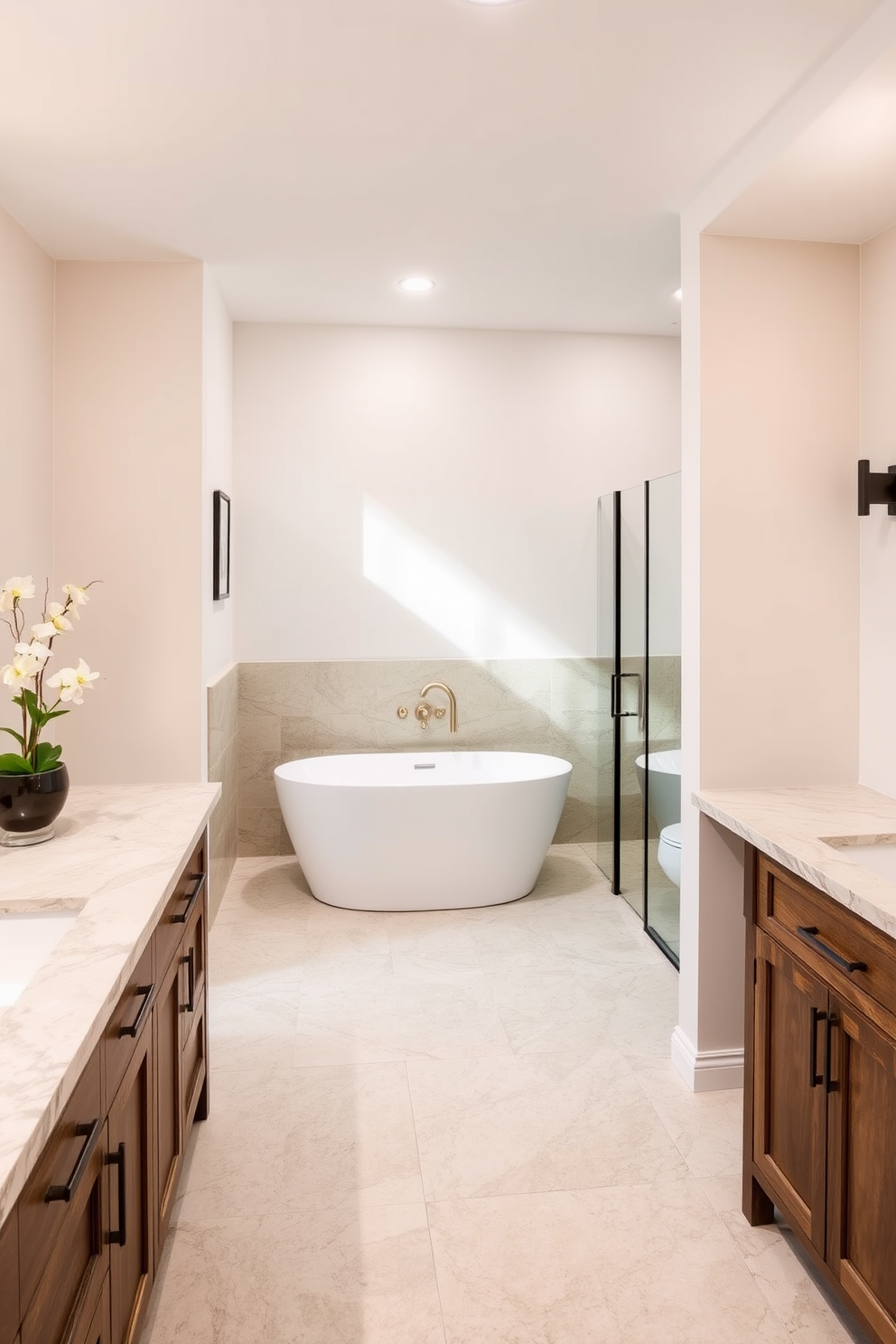 A stylish basement bathroom featuring integrated shelving that combines functionality with aesthetic appeal. The shelving is crafted from reclaimed wood and is adorned with decorative baskets and potted plants for a fresh touch. The bathroom includes a modern freestanding tub positioned next to a large window that allows natural light to flood the space. The walls are painted in a soft gray, complemented by polished chrome fixtures and a sleek, minimalist vanity.