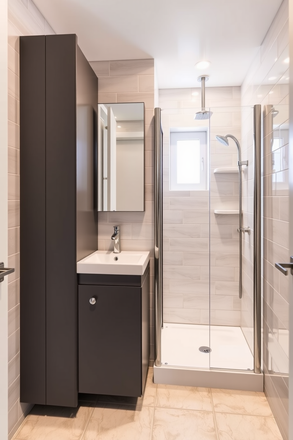 A stylish basement bathroom featuring a compact toilet designed to maximize space efficiency. The walls are painted in a light gray hue, complemented by sleek, modern fixtures and a floating vanity with a quartz countertop. Natural light filters in through a small window, illuminating the space and enhancing the airy feel. The floor is adorned with large porcelain tiles in a neutral tone, creating a clean and sophisticated look.