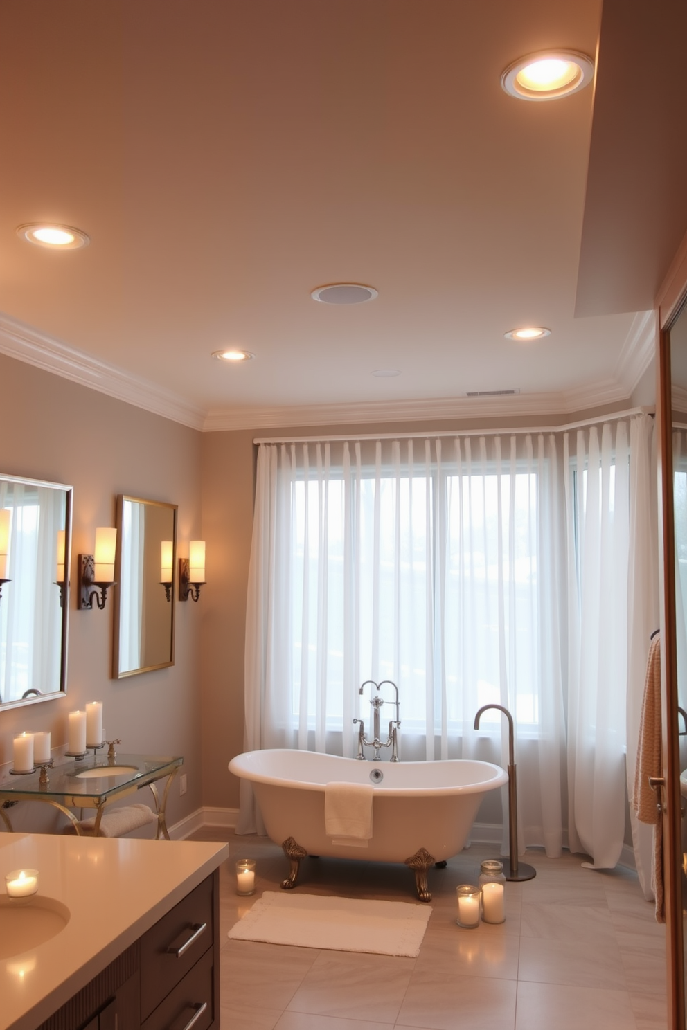 A basement bathroom featuring a sleek design with a skylight that floods the space with natural light. The walls are painted in a soft gray, complemented by elegant white fixtures and a modern freestanding bathtub.