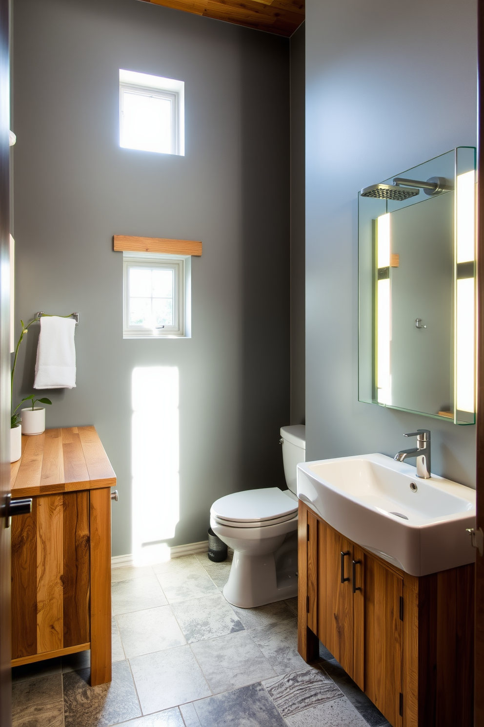 A cozy basement bathroom with a freestanding soaking tub positioned under a large window, allowing natural light to flood the space. The walls are painted a soft gray, complemented by dark wood accents and a rustic wooden shelf adorned with candles and plants. A stylish walk-in shower features glass doors and a rain showerhead, surrounded by elegant tile work in neutral tones. Decorative elements like framed artwork and plush towels in earthy colors add warmth and personality to the room.