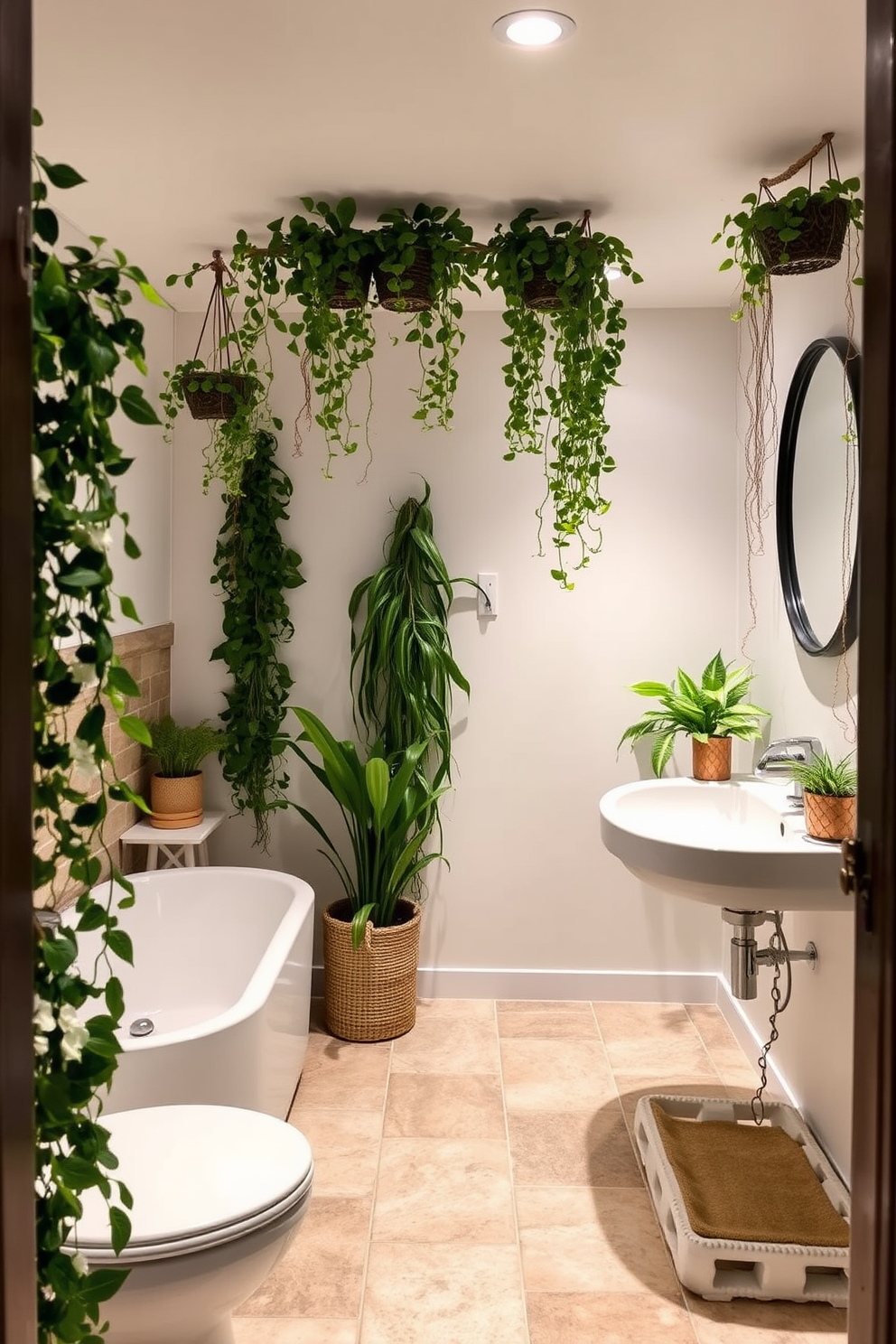 A serene basement bathroom with soft ambient lighting creating a calming atmosphere. The space features a freestanding soaking tub positioned under a frosted window, surrounded by natural stone tiles in earthy tones. A sleek vanity with a minimalist design complements the overall aesthetic, topped with a quartz countertop and stylish fixtures. Warm-toned LED lights are strategically placed to enhance the cozy feel while providing ample illumination.