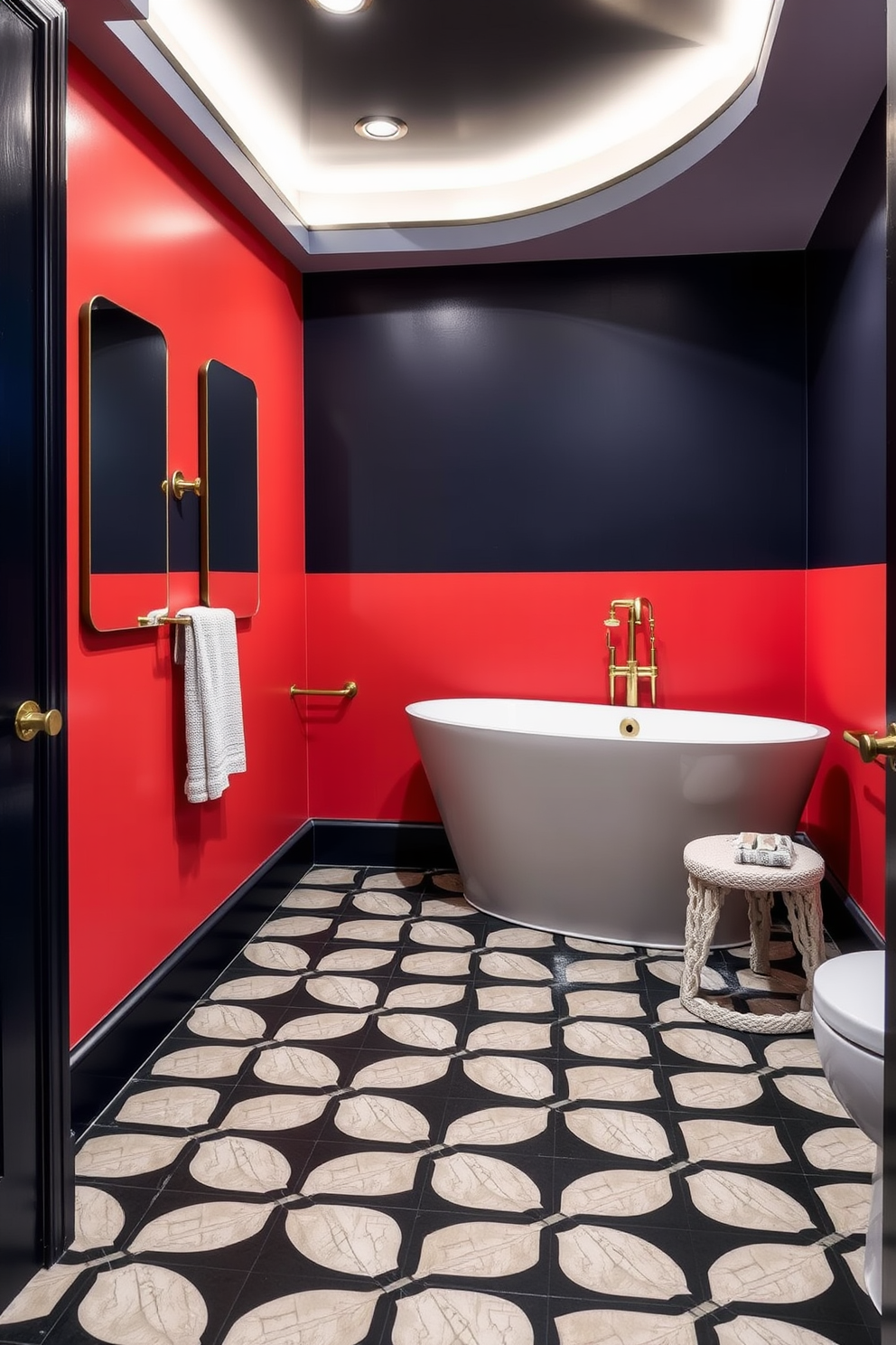 A stylish basement bathroom featuring a dedicated laundry area for added convenience. The space includes a sleek washer and dryer tucked into a built-in cabinetry with a countertop for folding clothes. The bathroom showcases a modern freestanding tub paired with a chic shower enclosure. Soft gray walls complement the dark wood cabinetry, while polished chrome fixtures add a touch of elegance.