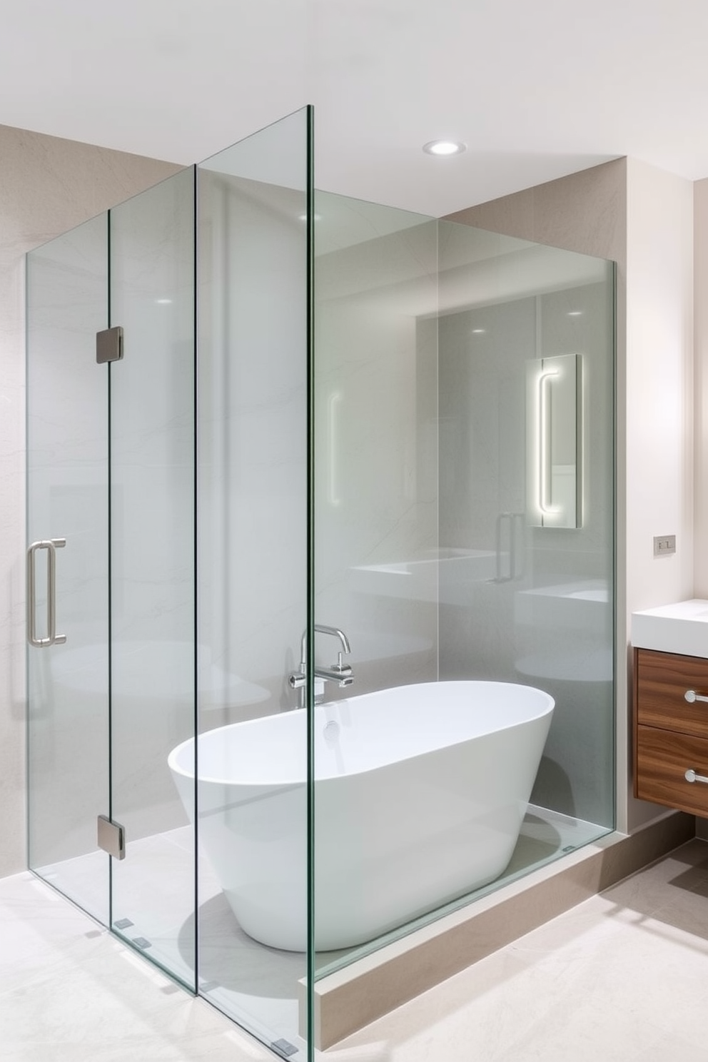 A stylish basement bathroom featuring trendy hexagon tiles in various shades of gray. The space includes a sleek glass shower enclosure and a contemporary floating vanity with a vessel sink.