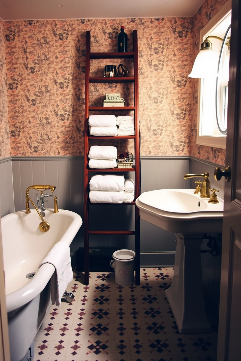 A cozy basement bathroom featuring soft gray walls that create a serene atmosphere. The floor is covered in large white tiles with subtle texture to enhance the overall design. A freestanding tub sits elegantly in the corner, framed by a window that allows natural light to filter in. A rustic wooden shelf above the tub holds neatly folded towels and a few decorative plants for a touch of greenery.