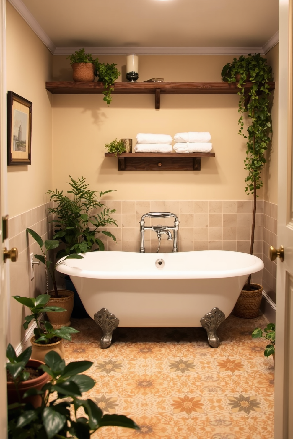 A stylish basement bathroom featuring patterned tiles that add visual interest to the space. The walls are painted in a soft gray tone, complemented by a sleek white freestanding bathtub and a modern glass shower enclosure. A wooden vanity with a dark finish holds a vessel sink, while a large round mirror reflects the ambient lighting. Decorative elements like potted plants and plush towels enhance the inviting atmosphere of this basement retreat.