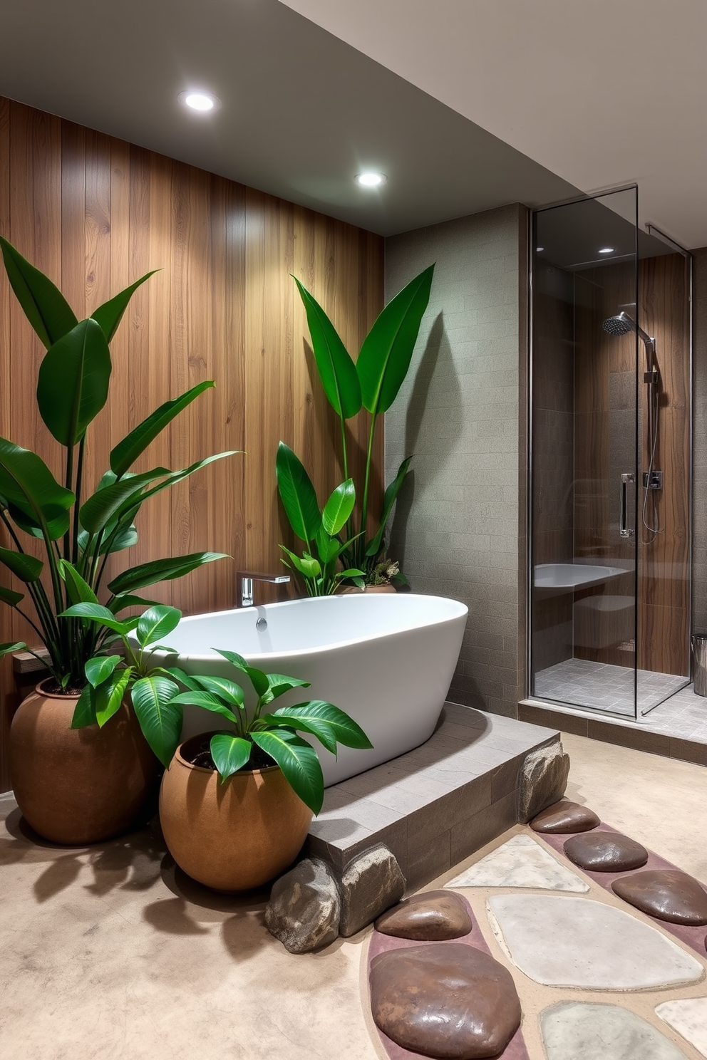 A cozy basement bathroom featuring natural wood accents that create warmth and texture. The space includes a reclaimed wood vanity with a sleek vessel sink and a wall-mounted faucet. Soft ambient lighting highlights the wooden beams on the ceiling and the textured wood paneling on the walls. A large mirror with a rustic wooden frame reflects the inviting atmosphere of the room. The flooring consists of natural stone tiles that complement the wood elements beautifully. Decorative plants are placed strategically to enhance the organic feel of the space.