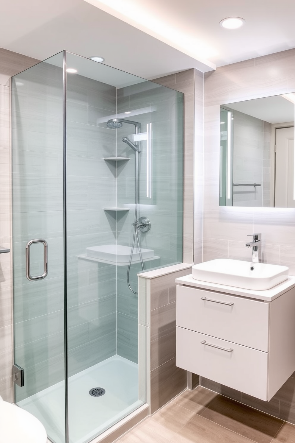 A luxurious basement bathroom featuring a spacious walk-in shower with glass doors and sleek chrome fixtures. The walls are adorned with elegant gray tiles, while a freestanding bathtub sits beside the shower, creating a spa-like atmosphere.