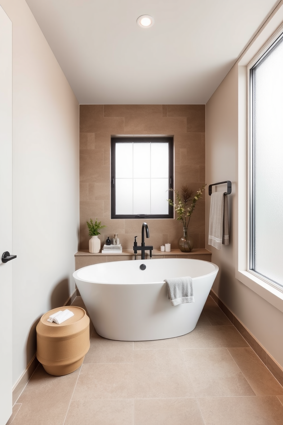 A stylish basement bathroom featuring a large mirror that reflects light, enhancing the sense of space. The walls are painted in a soft gray, while the floor is adorned with elegant ceramic tiles in a neutral tone. A modern freestanding bathtub sits in one corner, accompanied by a sleek chrome faucet. A wooden vanity with a white countertop provides ample storage, complemented by tasteful decor elements such as candles and a small potted plant.