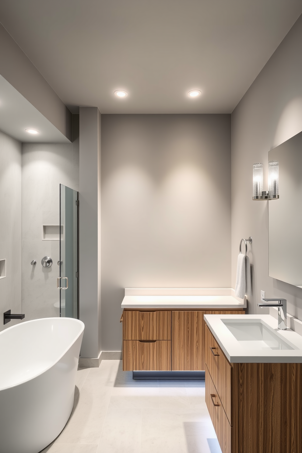 A serene basement bathroom featuring a neutral color palette that promotes calm vibes. The walls are painted in soft beige, complemented by a light gray tile floor that adds warmth to the space. A sleek freestanding bathtub sits against one wall, surrounded by potted plants for a touch of nature. The vanity is crafted from reclaimed wood, topped with a white quartz countertop, enhancing the overall tranquility of the design.