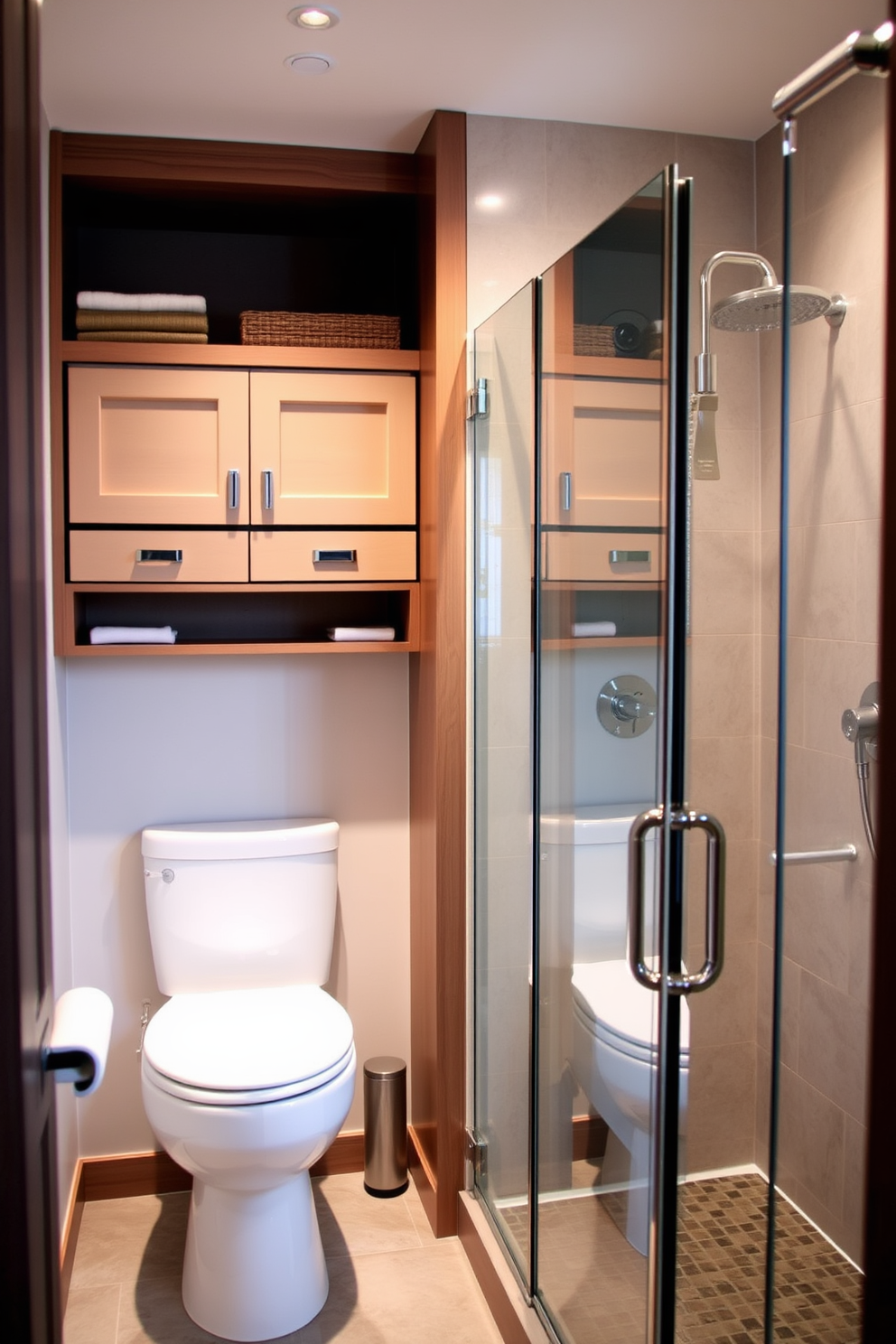 A stylish basement bathroom featuring open shelving for storage. The walls are painted in a soft gray tone, and the floor is adorned with large white tiles. The open shelves are made of reclaimed wood, displaying neatly arranged towels and decorative items. A sleek freestanding bathtub sits against one wall, complemented by modern fixtures and a large window that allows natural light to brighten the space.