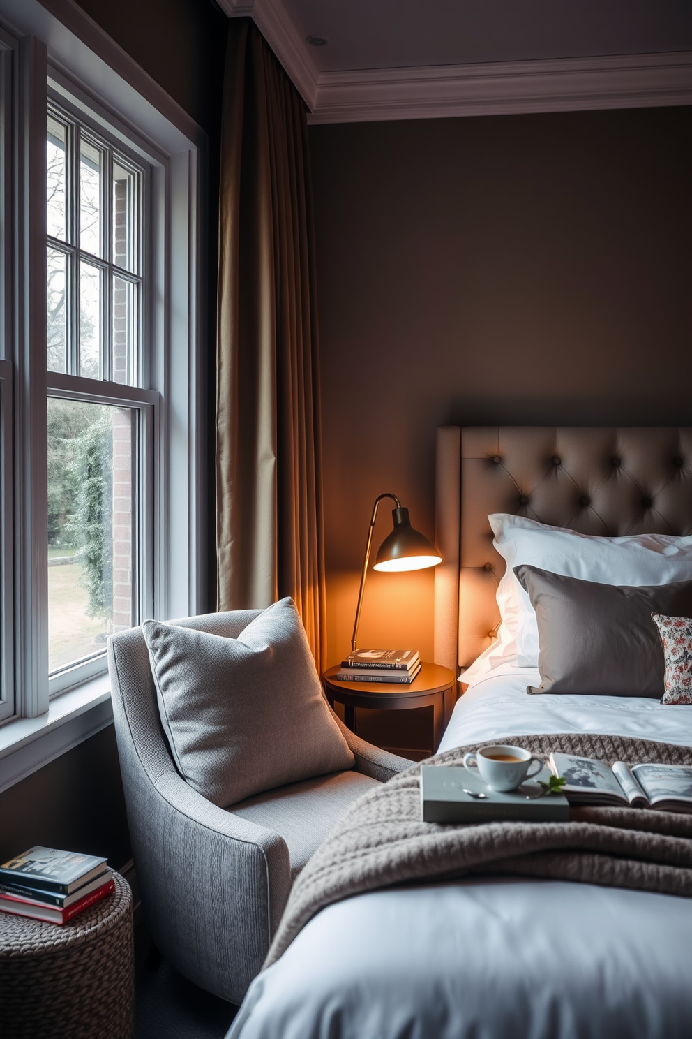 Cozy reading nook by the window. A plush armchair upholstered in soft fabric sits next to a small wooden side table, adorned with a stack of books and a steaming cup of tea. Basement bedroom design ideas. The space features a comfortable bed with layered bedding, soft lighting from bedside lamps, and warm tones on the walls to create an inviting atmosphere.