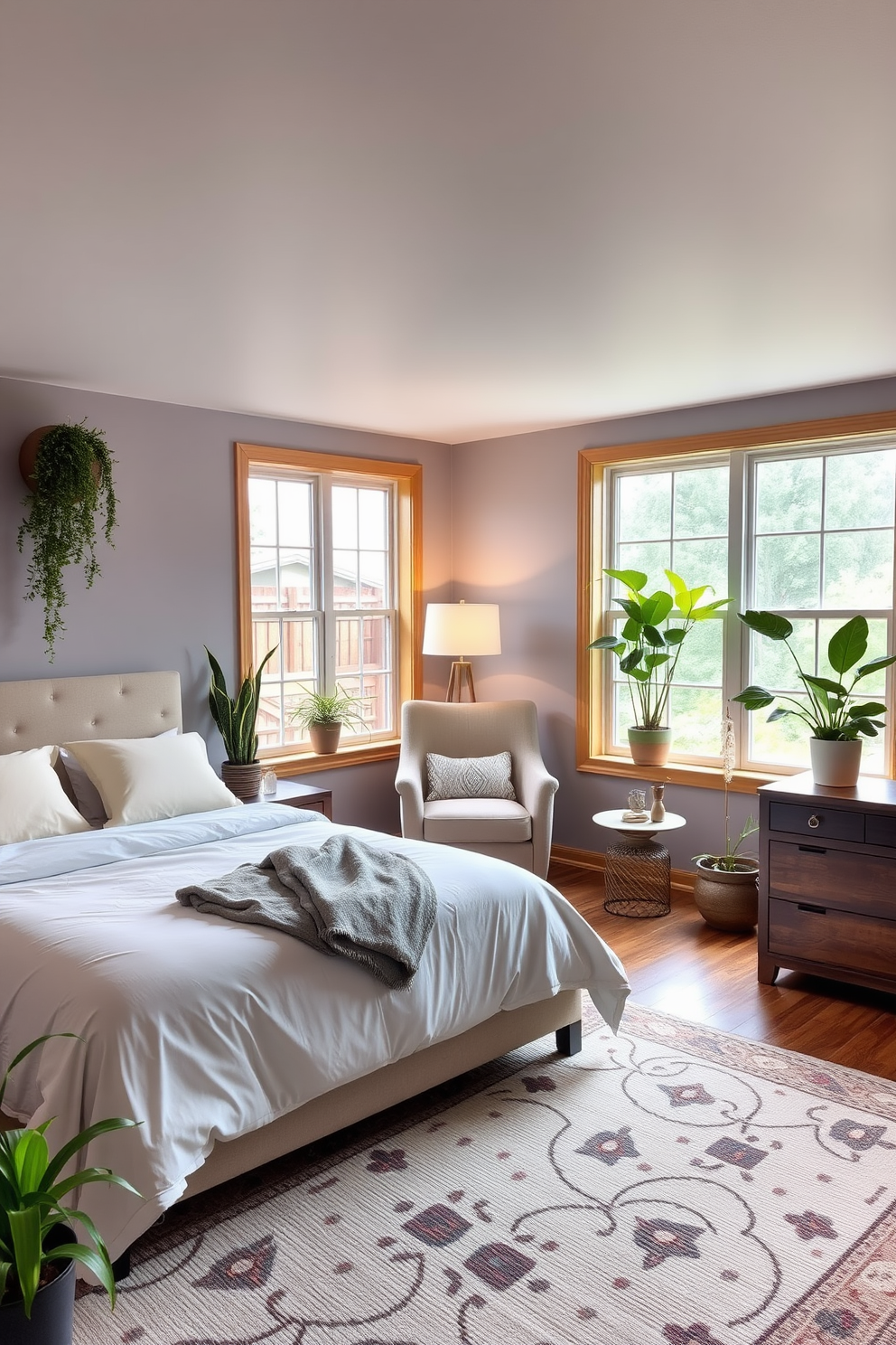 A cozy basement bedroom featuring a queen-sized bed with a plush headboard and soft linens. Large windows allow natural light to flood the room, complemented by potted plants placed strategically around the space for a fresh and vibrant atmosphere. The walls are painted in a soft gray tone, creating a calming backdrop for the wooden furniture. A comfortable reading nook is set up in one corner with a stylish armchair, a small side table, and a floor lamp, enhancing the inviting feel of the room.