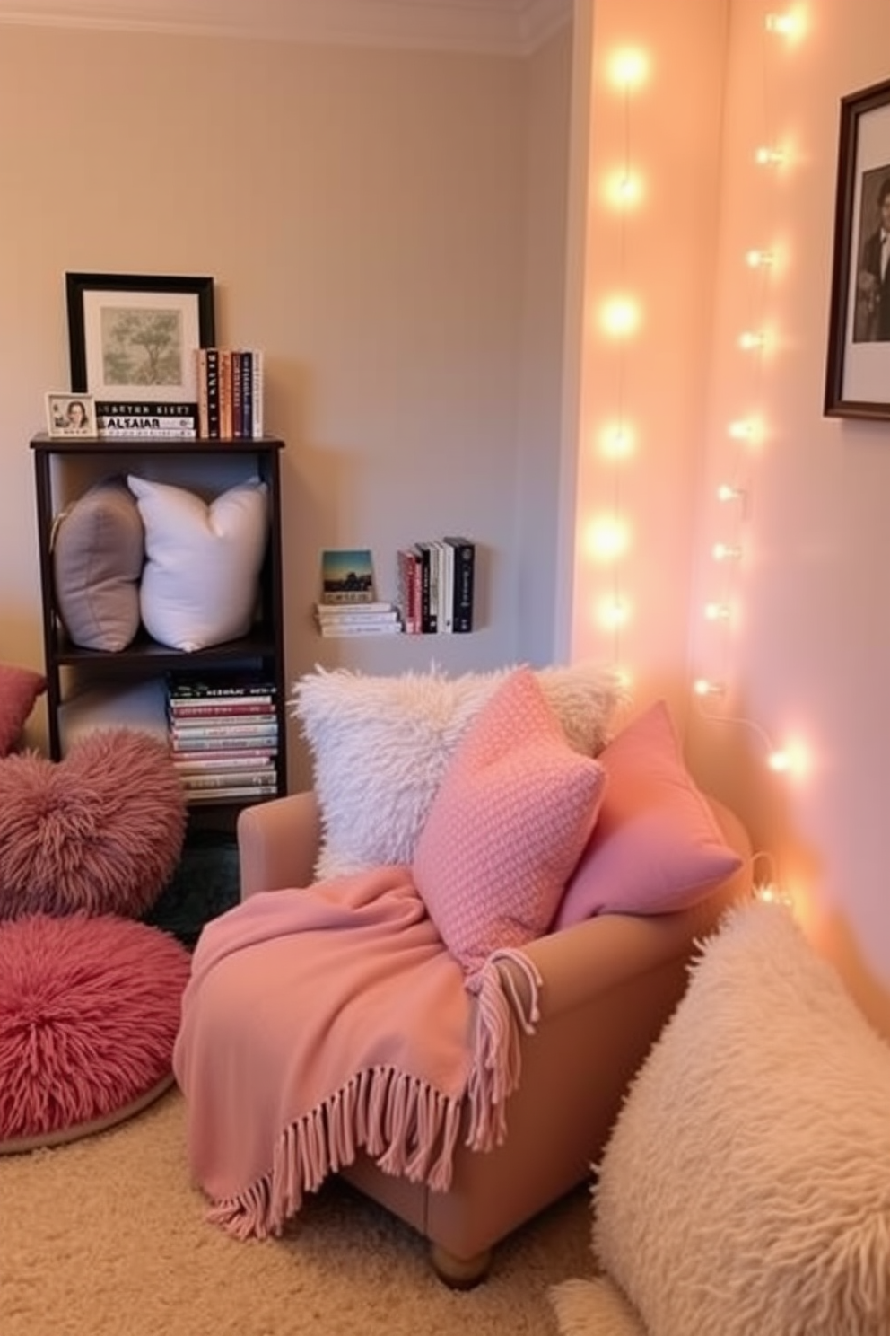 A cozy corner with a variety of plush cushions in soft, inviting colors. The space features a comfortable armchair nestled against a wall with warm lighting creating an inviting atmosphere. In the background, a small bookshelf displays an assortment of books and decorative items. A soft throw blanket drapes over the armchair, enhancing the comfort of this relaxing basement bedroom retreat.