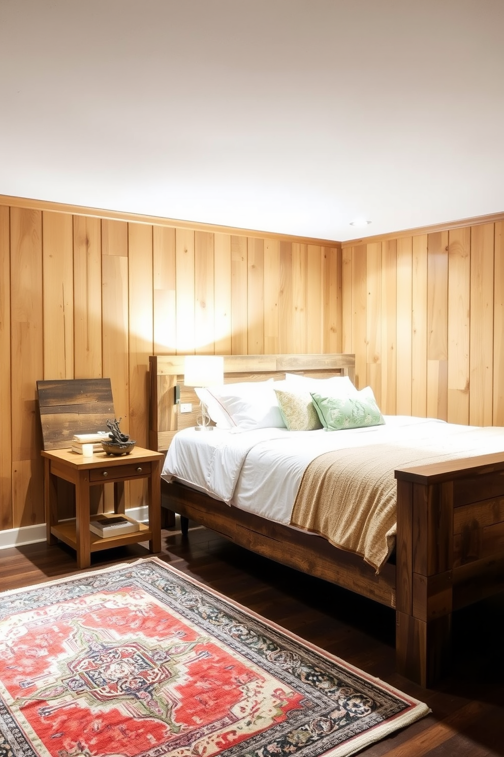 A cozy basement bedroom featuring reclaimed wood accents creates a warm and inviting atmosphere. The walls are adorned with natural wood paneling, and a large reclaimed wood bed frame serves as the focal point of the room. Soft lighting illuminates the space, highlighting a vintage area rug that adds comfort underfoot. A small wooden nightstand beside the bed holds a rustic lamp and a few personal touches, enhancing the room's character.