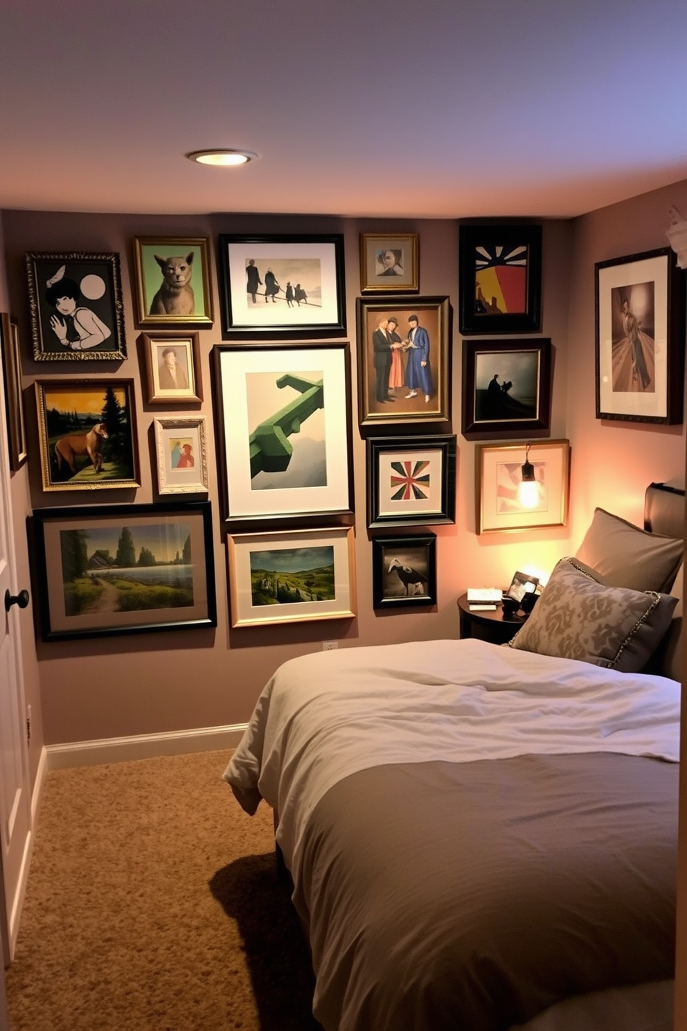 A cozy basement bedroom featuring a gallery wall adorned with various art pieces in eclectic frames. The room is softly lit with warm lighting, and a plush bed with layered bedding sits against one wall, inviting relaxation.