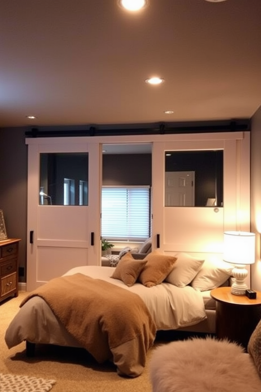 A cozy basement bedroom featuring sliding doors that provide privacy while maximizing space. The room is adorned with soft, ambient lighting and plush furnishings, creating a warm and inviting atmosphere.