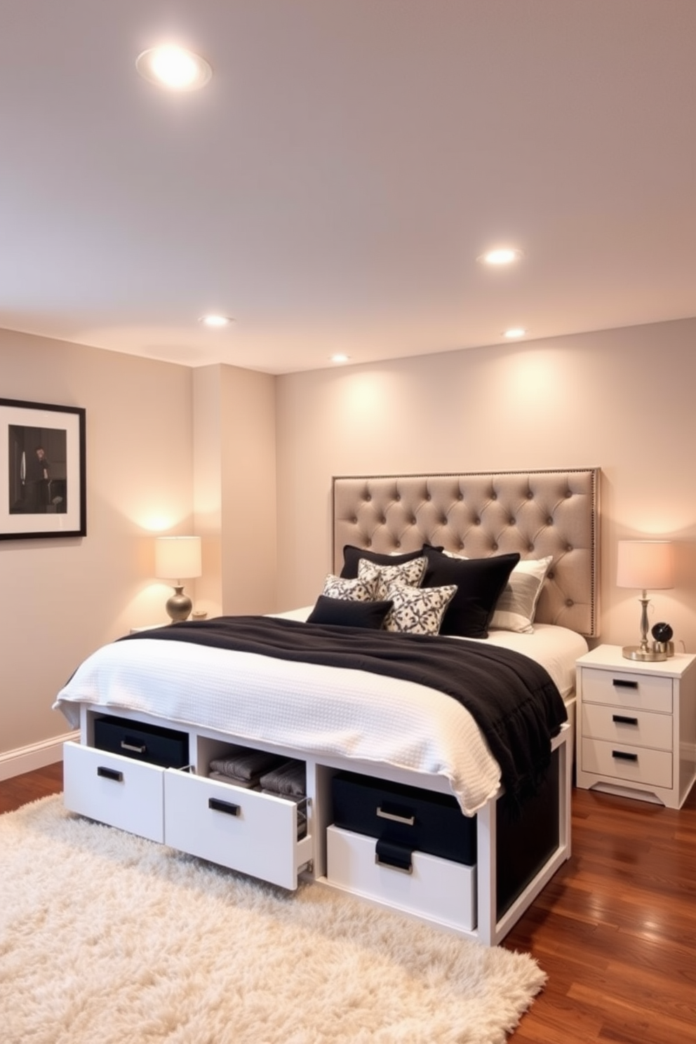 A cozy basement bedroom featuring a plush king-sized bed with soft gray bedding. To one side, a comfortable seating area includes a stylish armchair and a small side table, perfect for reading or relaxing. The walls are painted in a warm beige tone, creating an inviting atmosphere. Soft ambient lighting from a modern floor lamp adds to the room's charm, while a large window with sheer curtains allows natural light to filter in.