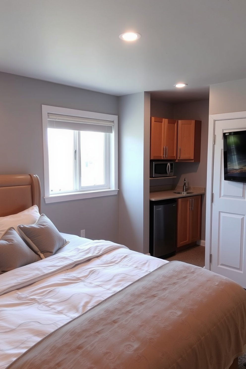 A cozy basement bedroom featuring a comfortable queen-sized bed with plush bedding. The walls are painted in a soft gray hue, and a large window allows natural light to filter in, brightening the space. Adjacent to the bed, a small kitchenette is integrated into the design, complete with a mini fridge, a microwave, and a compact sink. Stylish cabinetry in a warm wood finish complements the bedroom decor while providing convenient storage for essentials.