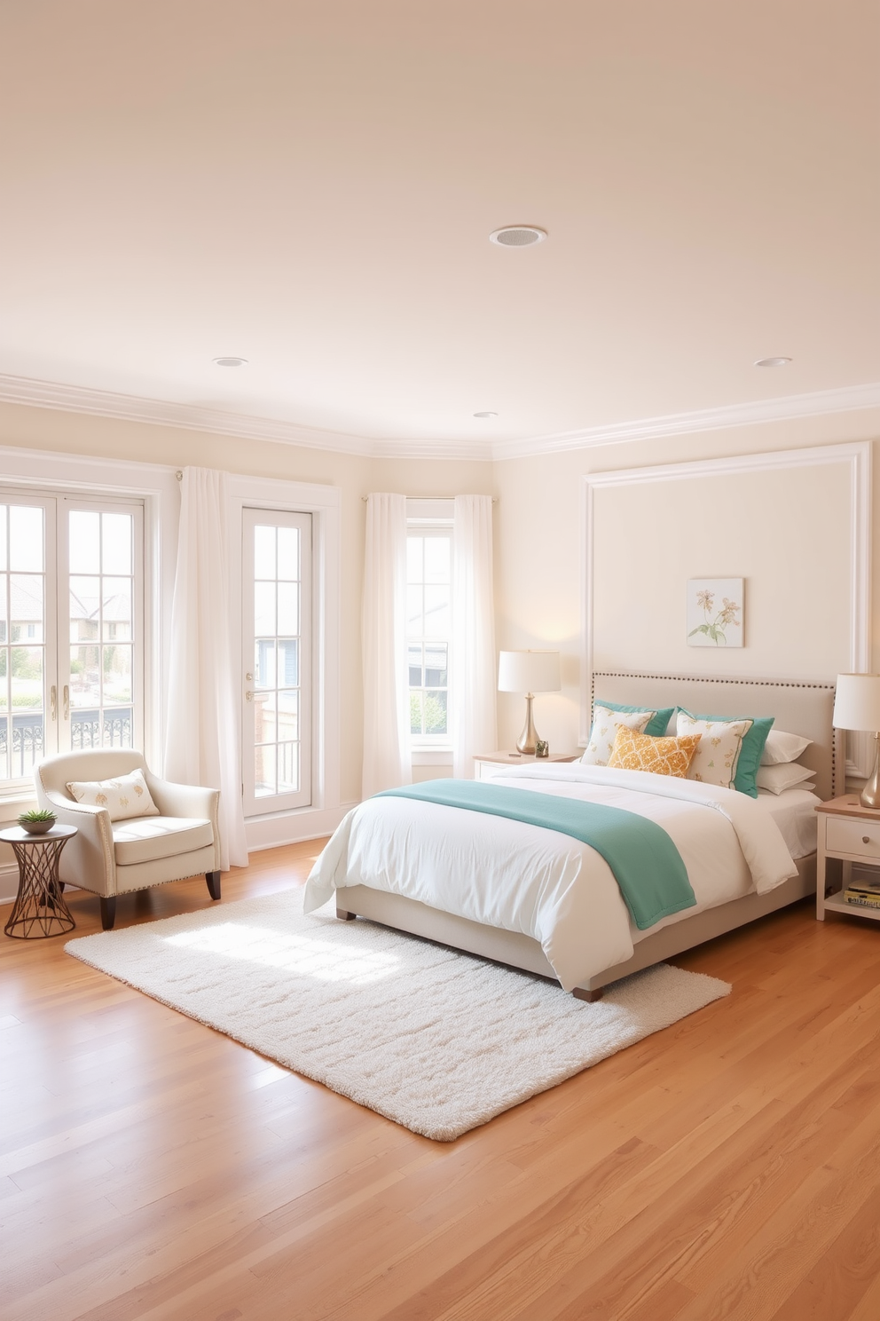 A bright and inviting basement bedroom featuring a light color scheme. The walls are painted in soft pastel hues, complemented by white trim and ceiling, creating an airy atmosphere. The flooring consists of light oak hardwood, enhancing the spacious feel of the room. A plush light-colored area rug is placed under the bed, which is dressed in crisp white linens and colorful accent pillows. Large windows allow natural light to flood the space, adorned with sheer white curtains for privacy. A cozy reading nook with a comfortable armchair and a small side table is positioned in one corner, inviting relaxation.